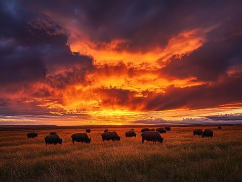 A herd of bison grazing under a vibrant sunset in a grassy landscape.