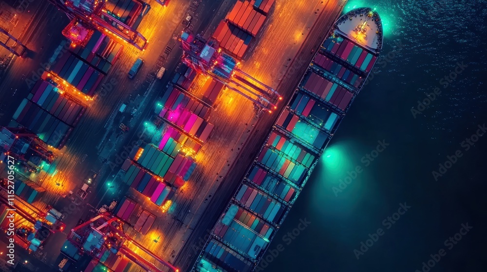 Poster Aerial view of a busy shipping port illuminated at night with colorful containers and cranes.