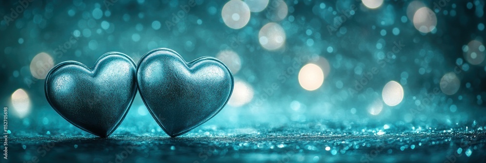 Poster two metallic hearts on a shimmering background with soft bokeh lights.