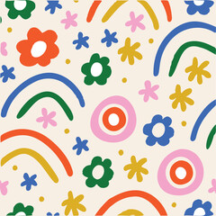 dynamic overlapping design featuring flowers, arches, stars, and wavy lines on a light beige background
