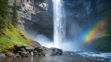 Majestic Waterfall with Rainbow: A Breathtaking Nature Scene