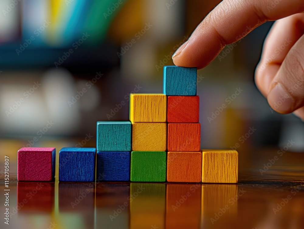 Poster a hand places a colorful wooden block on a stacked arrangement of blocks.
