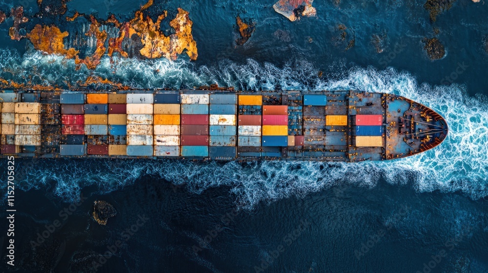 Poster Aerial view of a cargo ship loaded with colorful containers navigating through ocean waters.