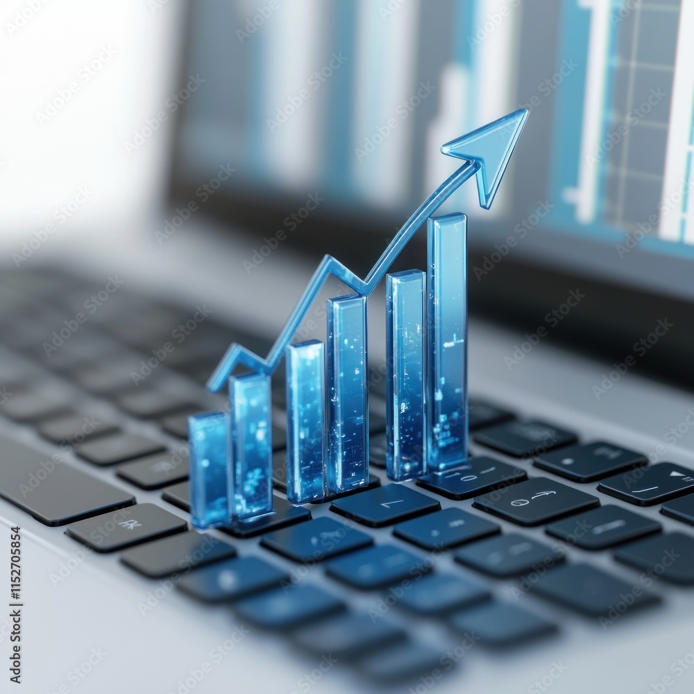 Poster A digital representation of growth with bars and an upward arrow on a laptop keyboard.