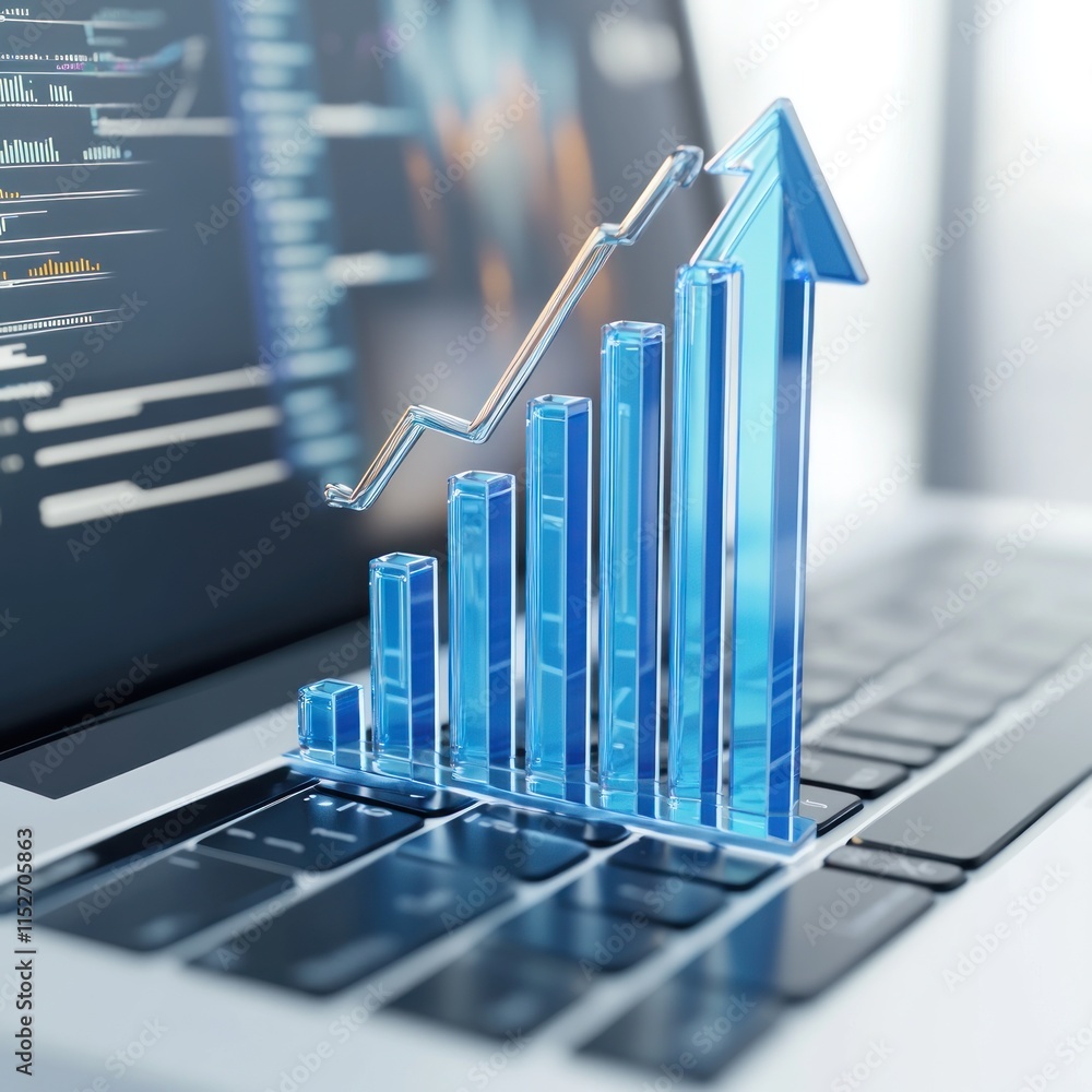 Poster a digital graph showing growth on a laptop keyboard, symbolizing business success.