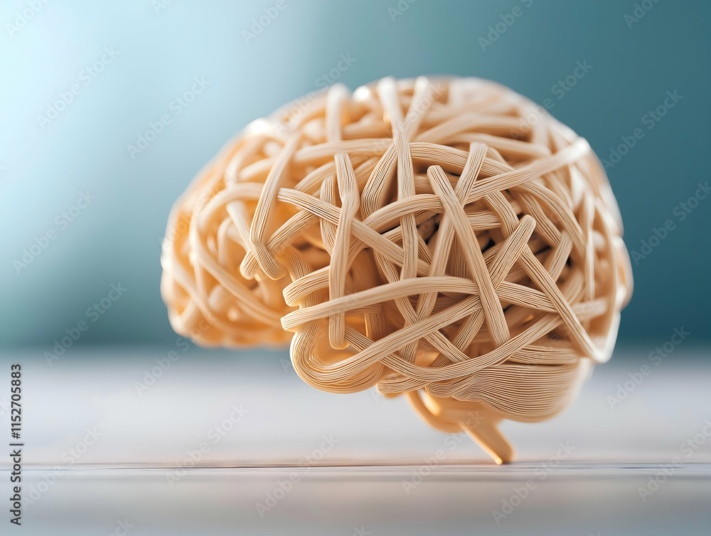 Poster a stylized representation of a brain made from intertwined materials, symbolizing complexity and cre