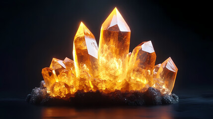 Majestic quartz crystal cluster glowing on dark background. Quartz. Illustration