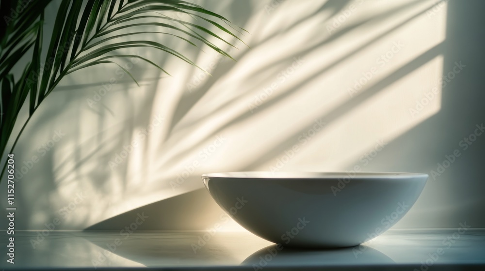 Aufkleber a minimalist scene featuring a white bowl and a palm leaf casting shadows on a wall.