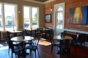 Sunny cafe interior with brick wall, wooden tables, and metal chairs.