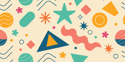 
playful retro Memphis-style geometric seamless pattern with vibrant colors
