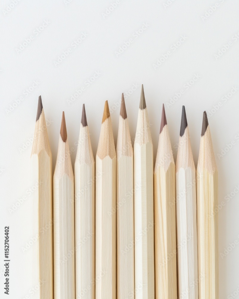 Aufkleber a row of sharpened colored pencils arranged neatly on a white background.