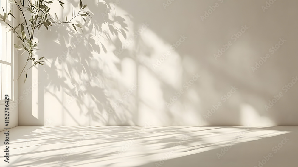 Poster soft leaf shadows fall across a warm beige wall, creating a calm, minimalist background with natural