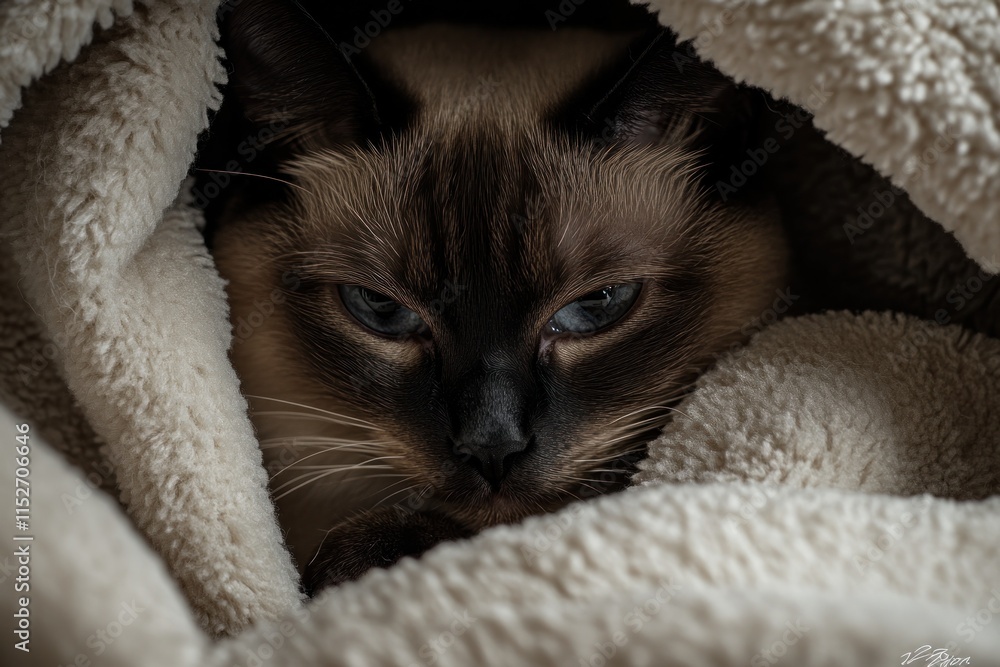 Poster a close-up of a cat nestled in a soft blanket, exuding calm and comfort.