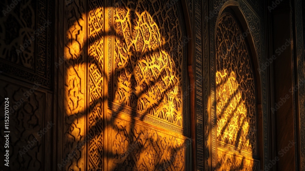 Poster Intricate patterns cast shadows on a textured wall, creating a warm, inviting ambiance.