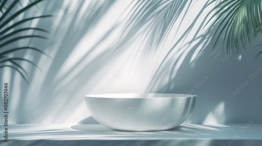 Poster A minimalist white bowl on a table, surrounded by soft shadows from palm leaves.