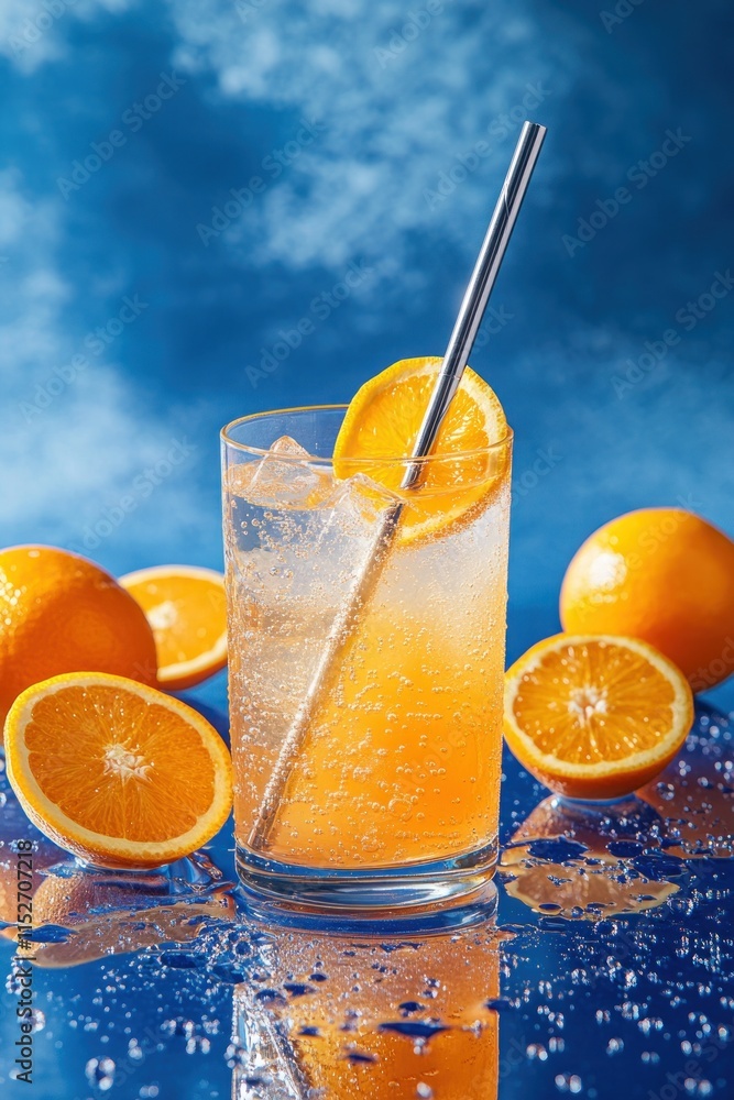 Poster a refreshing orange drink with ice, garnished with an orange slice, surrounded by whole oranges.