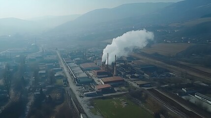 Aerial view of industrial plant emitting smoke against a hazy mountain backdrop.