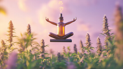 Naklejka premium Meditating Cannabis Oil Bottle Floating in Nature with Soft Lighting 