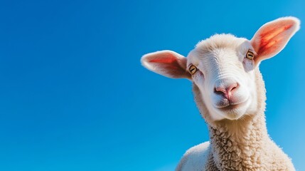 Fototapeta premium Cute Baby Lamb with Curious Expression Against Blue Sky Background