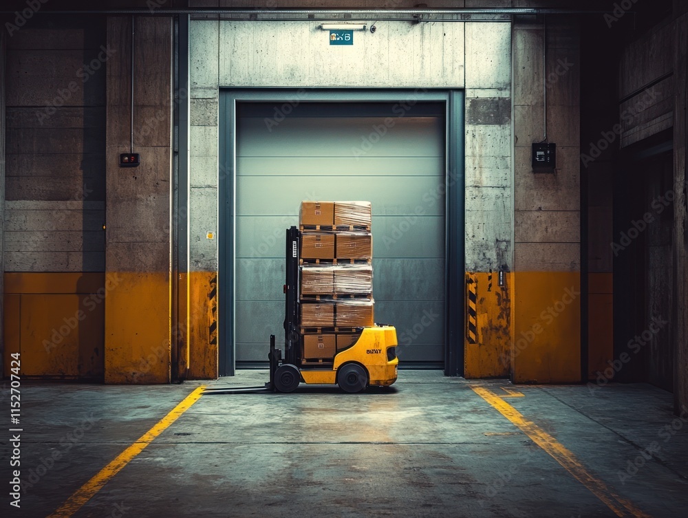 Poster A forklift with stacked boxes in a warehouse, ready for loading or unloading.