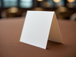 A blank, white, tent-style card placed on a brown surface.