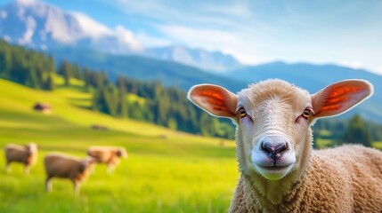 Fototapeta premium Cute Fluffy Sheep Grazing in Lush Alpine Meadow with Mountain Backdrop