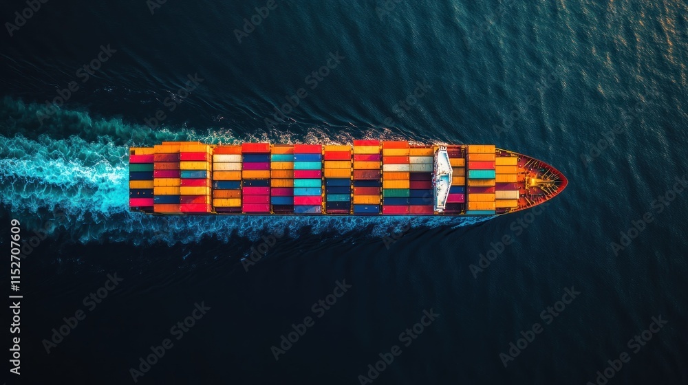 Poster aerial view of a colorful cargo ship navigating through deep blue waters.