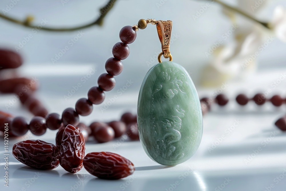 Poster a jade pendant with intricate carvings, surrounded by beads and decorative elements.