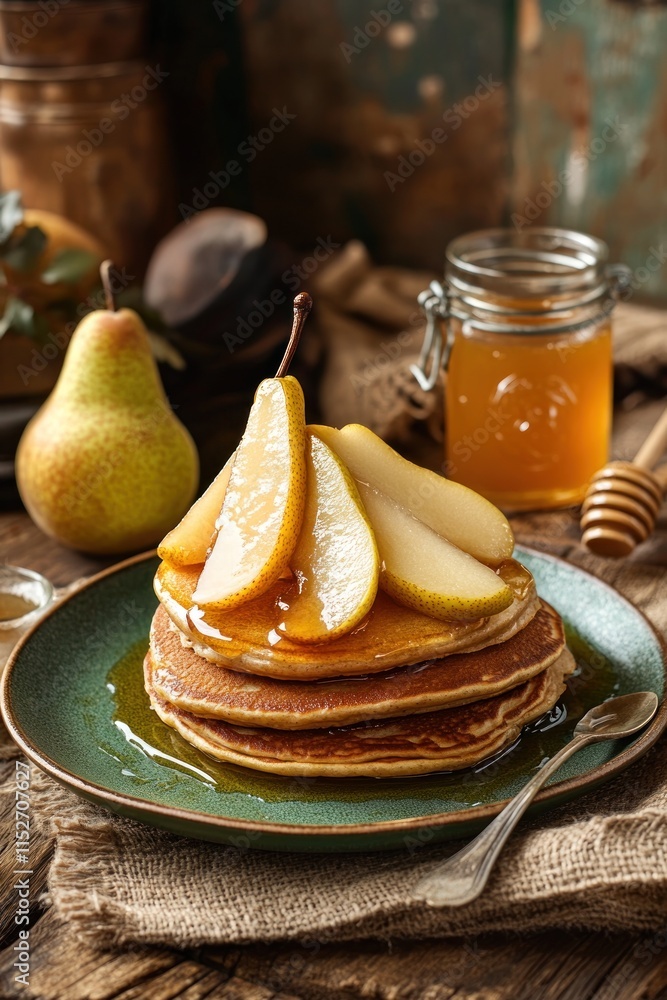 Poster a stack of pancakes topped with pear slices and honey, served on a rustic plate.