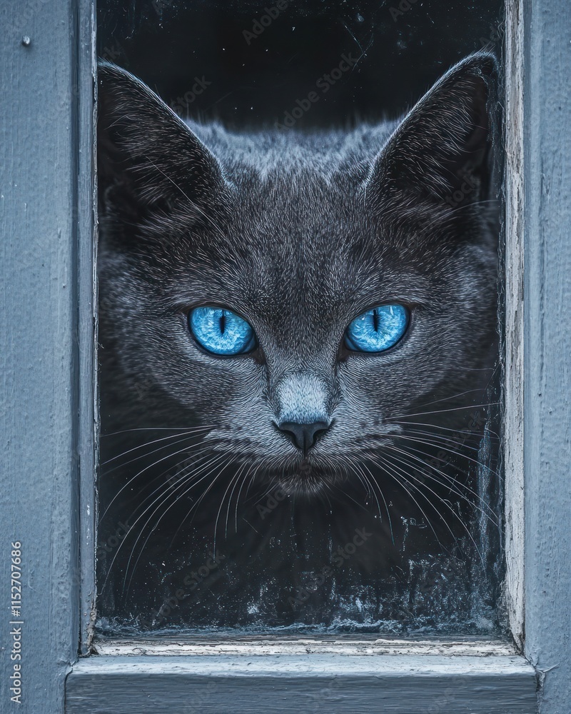 Aufkleber a close-up of a gray cat with striking blue eyes looking through a window.
