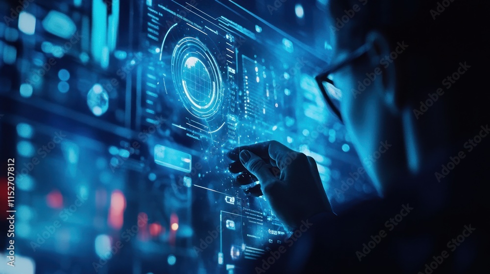 Poster A person interacting with a futuristic digital interface, showcasing technology and data visualization.