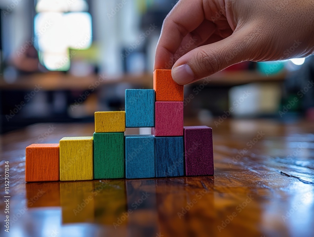 Poster a hand places a colorful wooden block on a stack, showcasing creativity and construction.