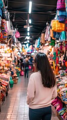Woman Shopping in a Colorful Market