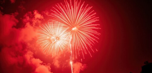 Red Fireworks Display at Night.