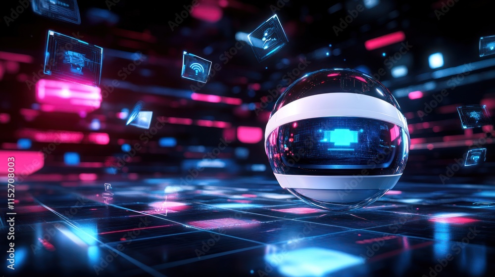 Poster a futuristic digital scene featuring a spherical object amidst holographic displays.