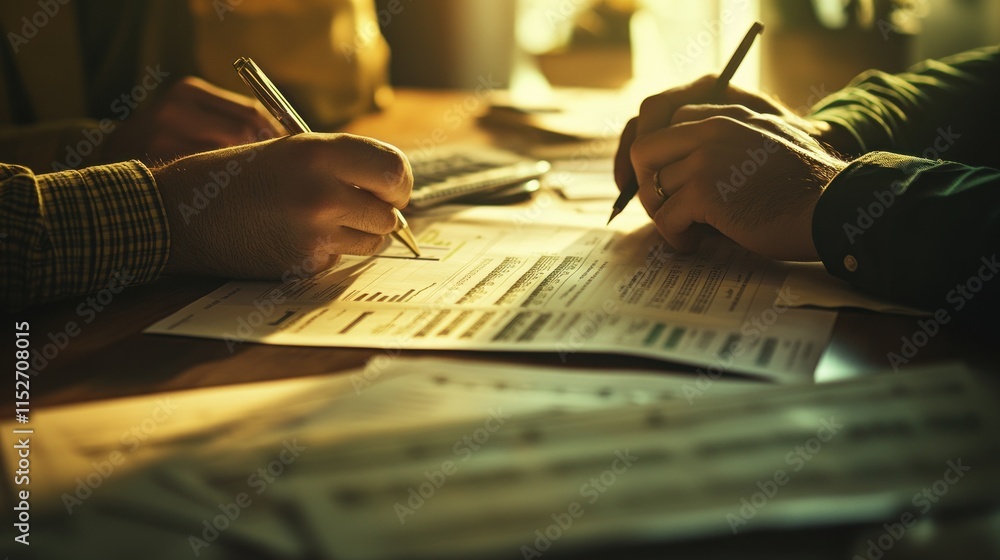 Poster two people reviewing documents and taking notes in a business setting.