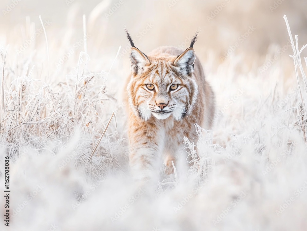 Poster a lynx walking through a frosty landscape, showcasing its striking features and habitat.