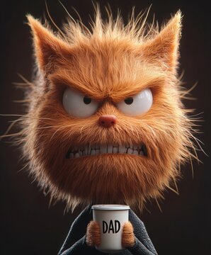 Fierce orange cartoon cat holding a coffee cup labeled 'Dad' with a grumpy expression