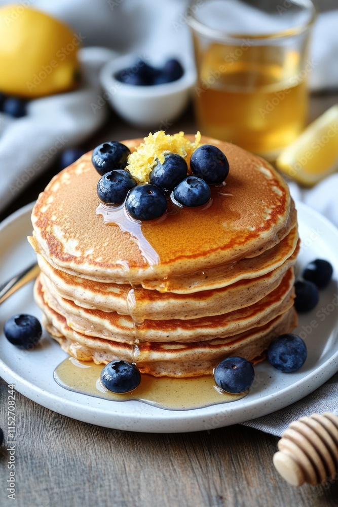 Poster a stack of fluffy pancakes topped with blueberries and syrup, served with lemon slices.