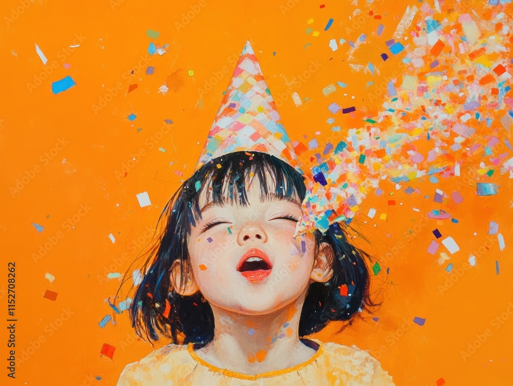 Poster a joyful child in a party hat surrounded by colorful confetti against an orange background.