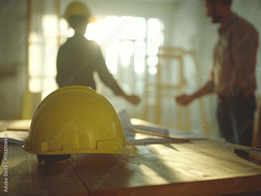 Poster a construction site with a yellow hard hat and workers discussing plans in the background.