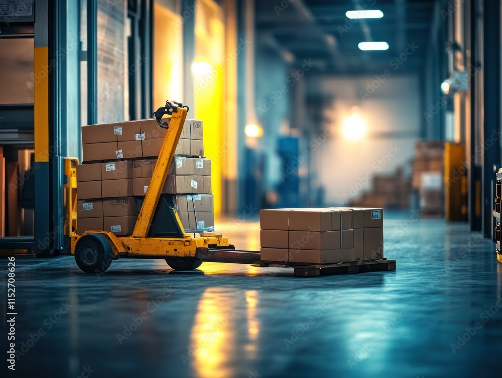 Poster A warehouse scene featuring stacked boxes and a pallet jack for material handling.