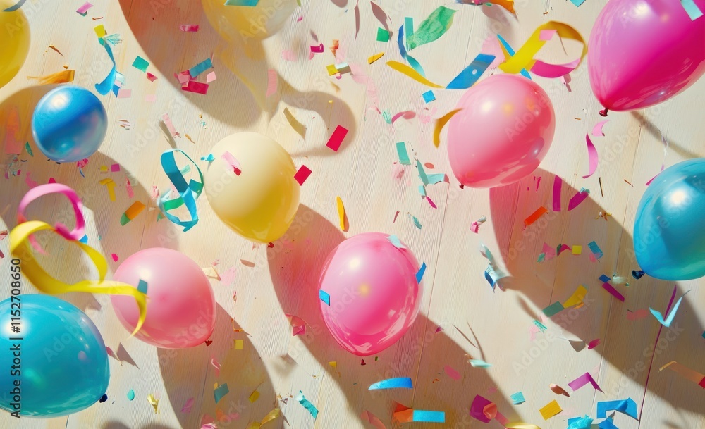 Poster colorful balloons and confetti scattered on a surface, creating a festive atmosphere.