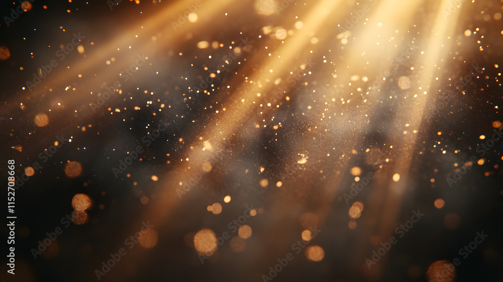 Poster abstract golden light particles sparkling and floating in motion, creating a glowing, dynamic, and m