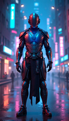 Naklejka premium Futuristic vibrant costume design showcased by armored character in neon-lit street