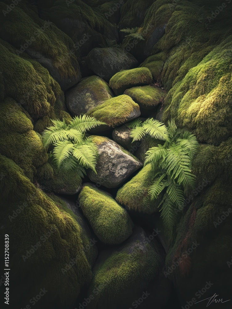 Poster a serene view of moss-covered rocks and ferns in a natural setting.