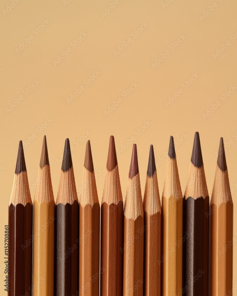 Poster a row of colored pencils in various brown shades against a soft background.