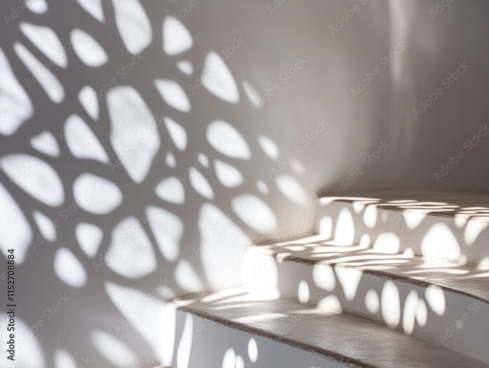 Poster Light and shadow interplay on white stairs, creating an artistic visual effect.