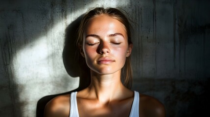 Serene young woman with eyes closed, bathed in sunlight against a textured wall.  Peaceful, calm, beauty.
