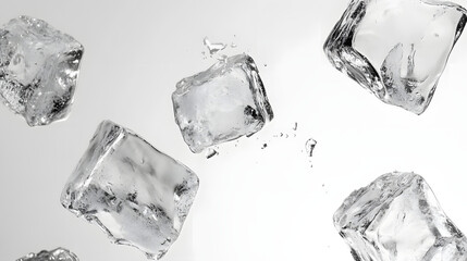 Crystal-clear ice cubes floating mid-air with detailed textures and water droplets against a clean white background, emphasizing their transparency and freshness.  .